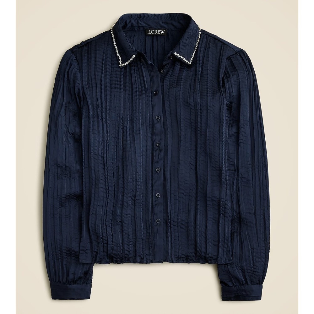 J.Crew Crystal-Embellished Shirt in Crinkle Satin Navy Blue Blouse XS